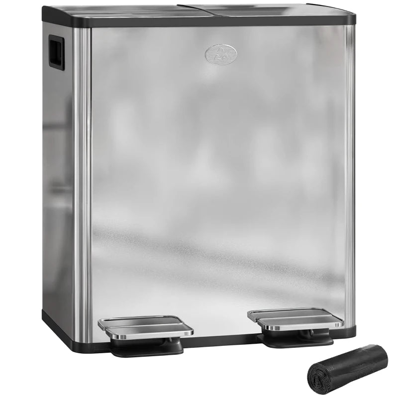 40L Dual Compartment Stainless Steel Trash Bin with Deodoriser Holders - Sleek Silver Tone for Kitchen & Office