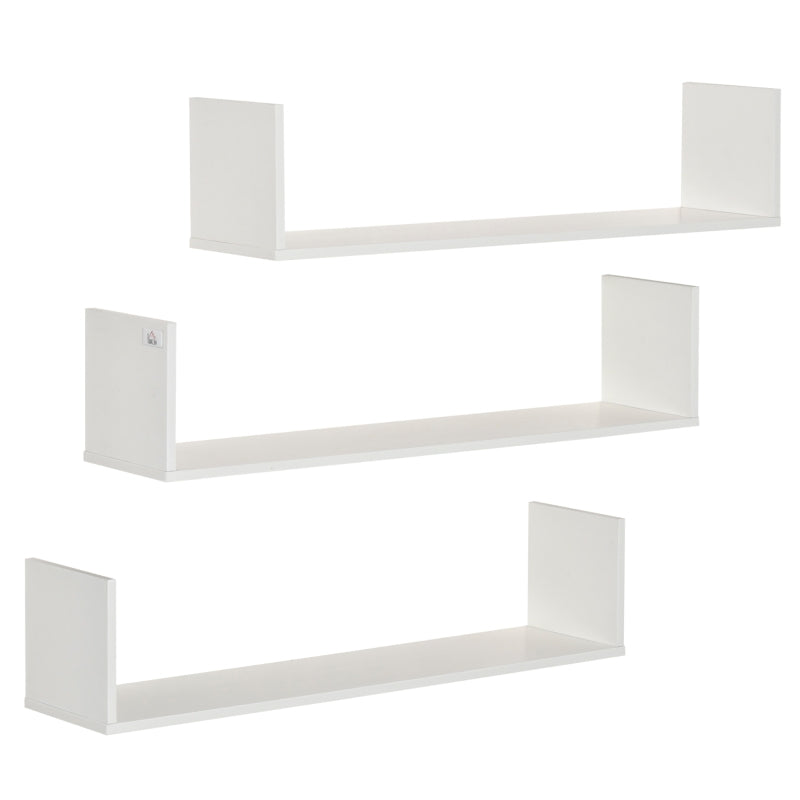 Set of 3 White Wooden U-Shaped Floating Shelves - Wall Mounted Bookshelf for Bedroom, Living Room, Kitchen Storage & Display