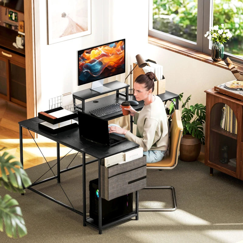 Reversible 168cm L Shaped Desk - Industrial Corner Computer Table with Adjustable Shelf & Storage Bag, 240cm for 2 Users, Black