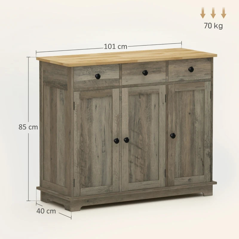 Modern Grey Wood-Effect Sideboard with Rubber Wood Top, 3 Doors, 3 Drawers & Adjustable Shelves - Stylish Storage Cabinet for Dining & Living Room