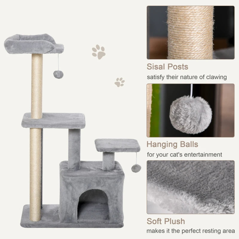 Light Grey Cat Tree Tower 114cm - Indoor Climbing Activity Centre for Kittens with Scratching Post, Perch & Hanging Ball