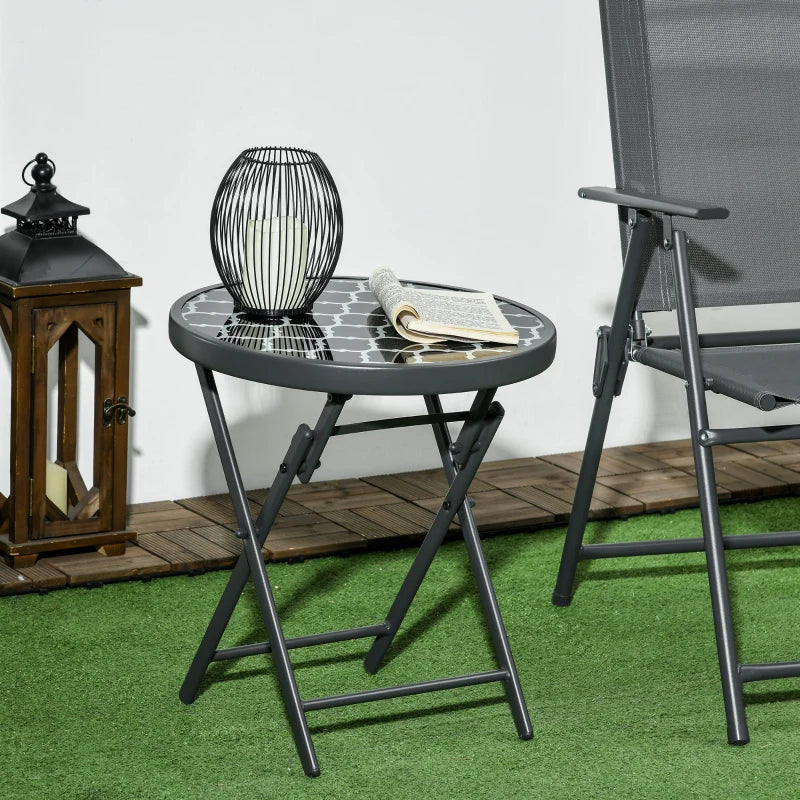 45cm Round Garden Side Table - Outdoor Folding Patio Table with Imitation Marble Glass Top - Black & White Coffee Table