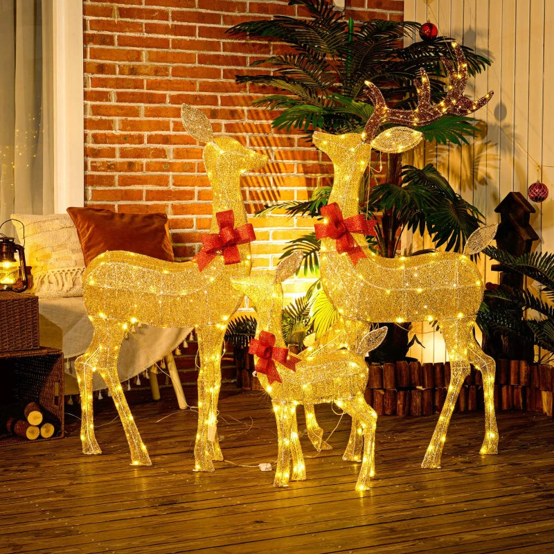 Lighted Reindeer Christmas Decorations - 3-Piece LED Deer Family Set for Outdoor Lawn & Garden - Gold Tone