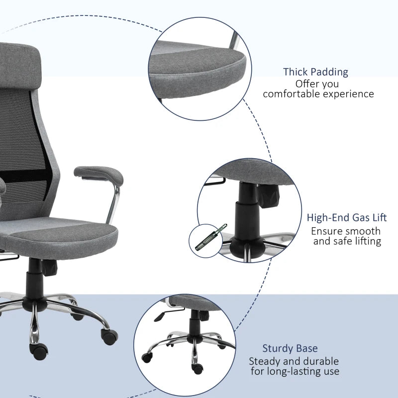 Vinsetto Ergonomic Office Chair - High Back Desk Chair with Adjustable Height, Swivel Wheels, Mesh Back & Linen-Feel Seat, Grey