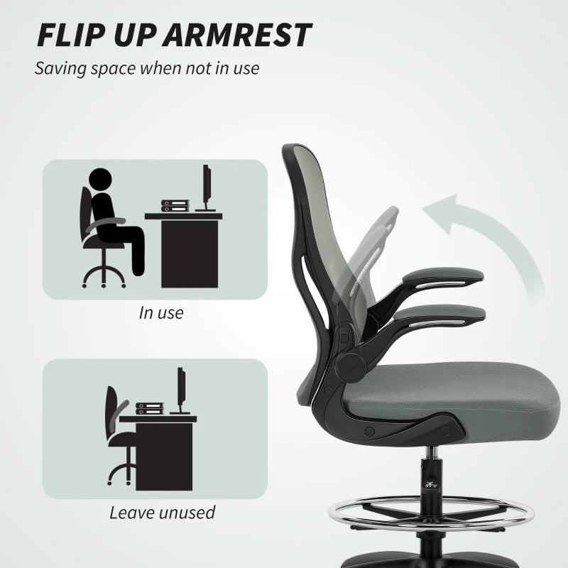 Vinsetto Ergonomic Drafting Chair - Tall Office Chair with Mesh Back, Lumbar Support, Flip-up Armrests, Adjustable Height, Charcoal Grey