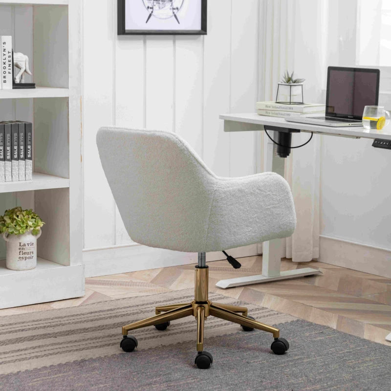 Adjustable Height Swivel Executive Office Chair with Gold Legs, Ergonomic Backrest, White Teddy Fabric, 58x58x86 cm