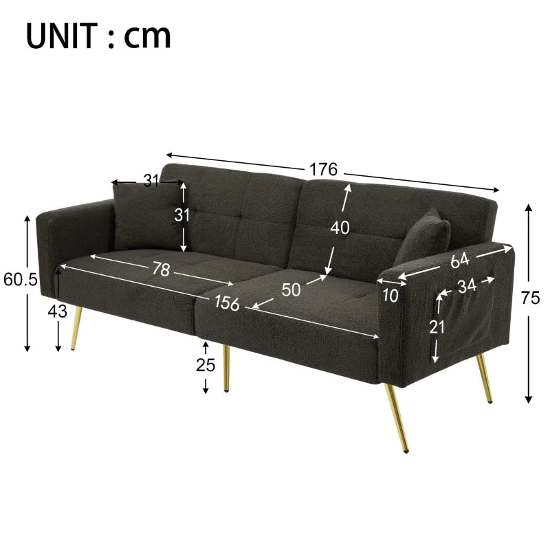 Stylish Modern Loveseat Sofa Bed with Adjustable Backrest, Gold Legs, and Side Storage Pockets in Dark Grey