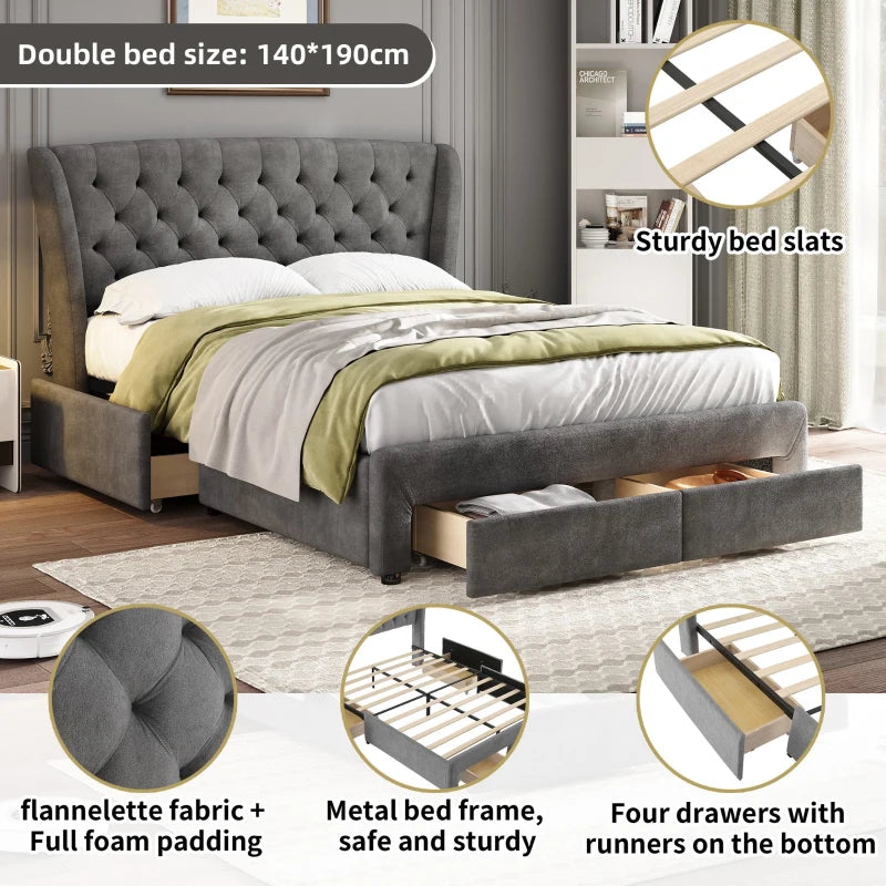 Grey Upholstered Storage Bed with 4 Drawers & Soft Backrest - Metal Frame, 204L x 156W x 106H cm