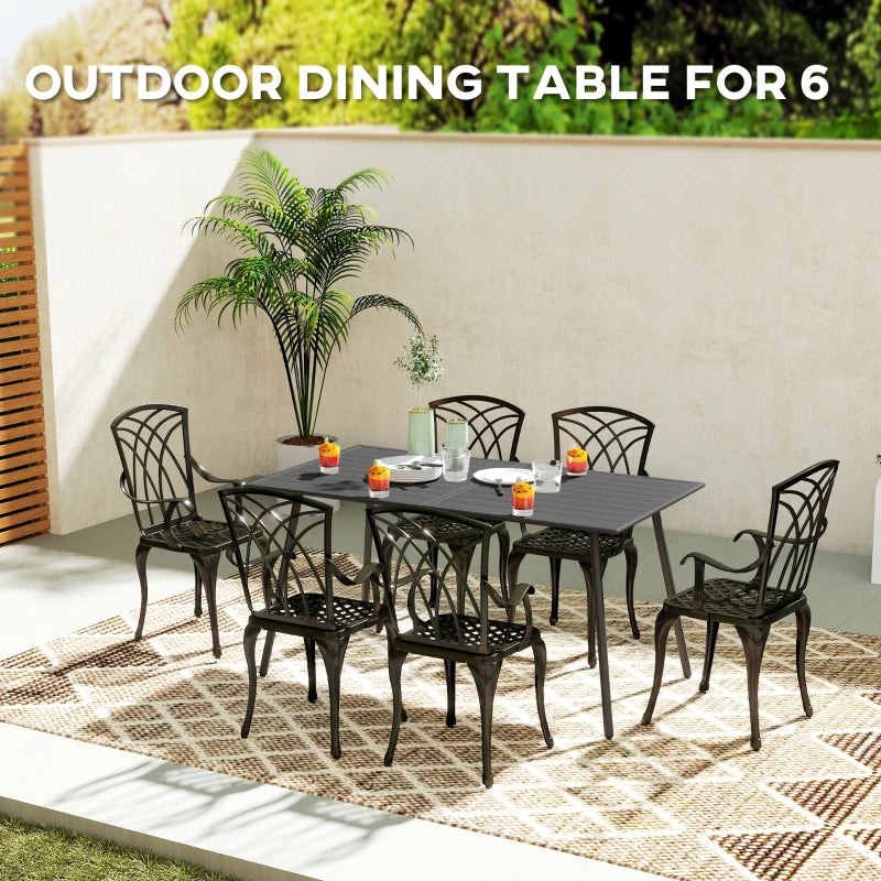 Outdoor Rectangle Garden Table for 6 - Slat Top, Steel Frame, 150x80 cm, Grey