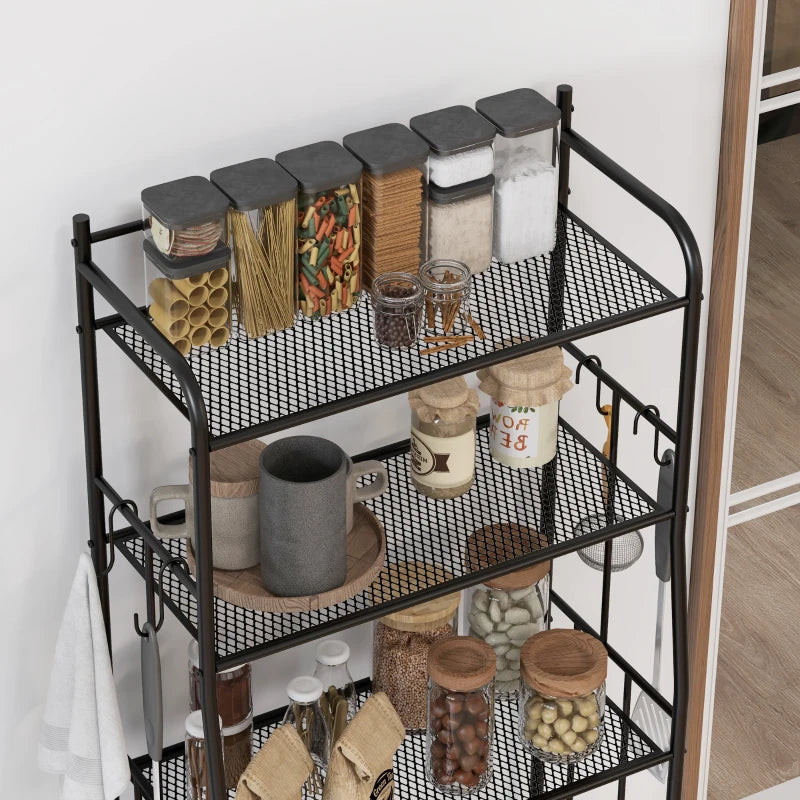 Five-Tier Black Steel Frame Kitchen Shelving Unit - Durable Storage Rack for Organizing Kitchen, Pantry, or Garage