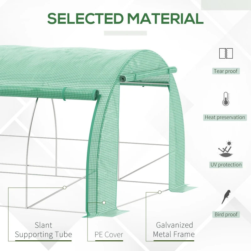 Green Walk-in Polytunnel Greenhouse with Roll-up Sidewalls, Zipped Door, 12 Windows - 6x3x2m