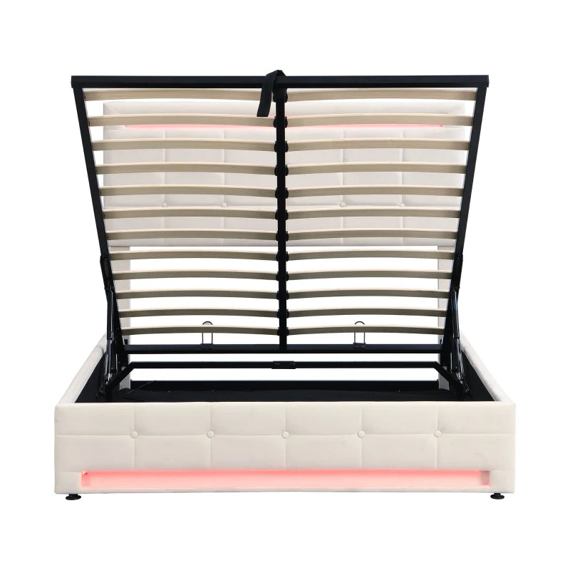 Elegant Velvet Upholstered Double Bed with Storage & LED Lights - Iron Frame, 199x150x123 cm, Beige - Modern Bedroom Furniture