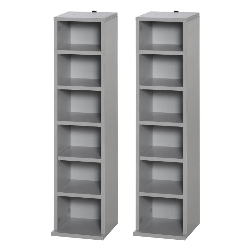 Set of 2 Grey CD Media Display Shelves - Adjustable Blu-Ray Tower Rack & Bookcase Storage Organizer