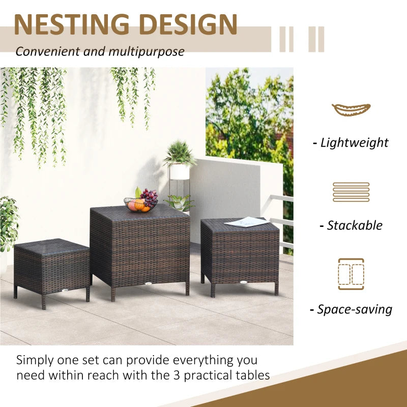 Brown Rattan 3-Piece Nesting Tables Set