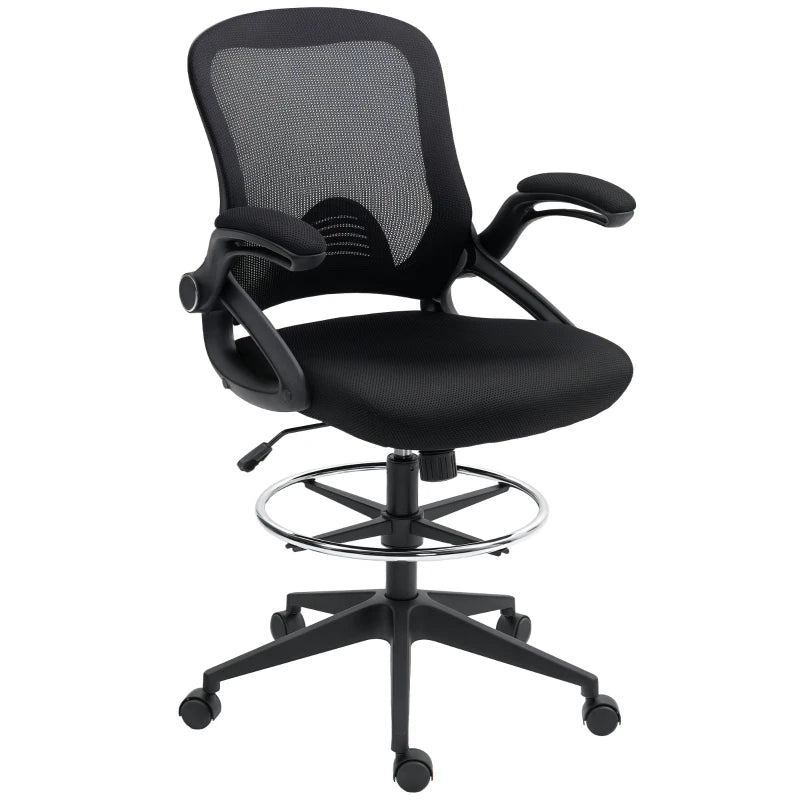 Vinsetto Adjustable Drafting Chair with Flip-Up Armrests, Mesh Office Stool, 360° Swivel, Foot Ring for Standing Desks - Black