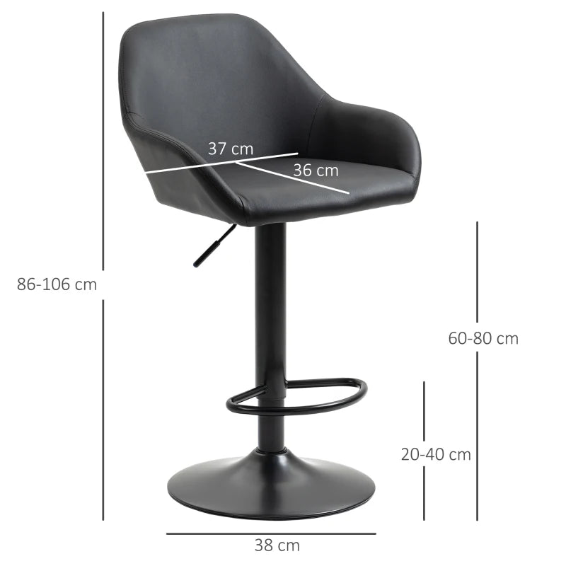 Set of 2 Adjustable Swivel Bar Stools with Backs & Armrests - PU Leather Kitchen Counter Chairs, Black