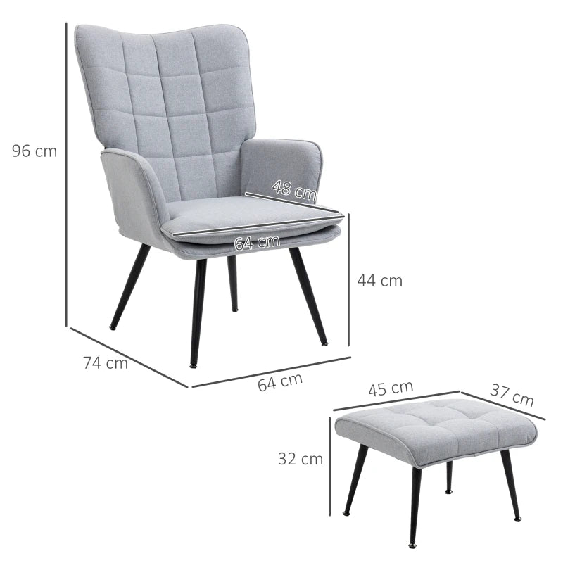 Light Grey Linen Accent Armchair with Footstool for Living Room, Bedroom, and Home Study