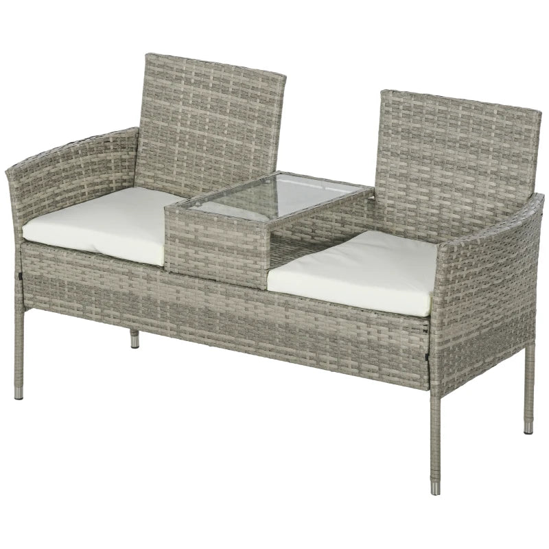 Grey Rattan Garden Loveseat with Glass Table & Cushions