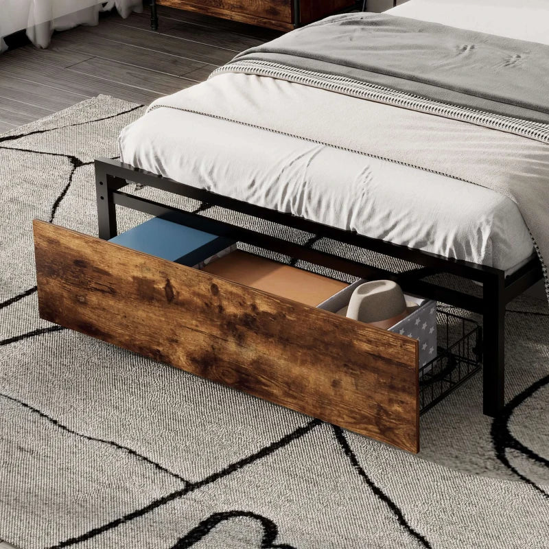 Unique Black Metal Bed with LED Light Strip, USB Ports & Drawer - Modern Bedroom Furniture, 207.5x90.5x105 cm, Dark Walnut Accent