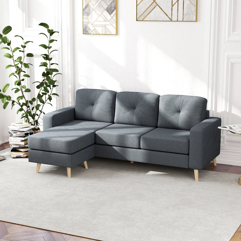 L-Shaped 3 Seater Sofa with Footstool - Fabric Sectional Couch for Small Spaces, Dark Grey, Ideal for Living Room or Office