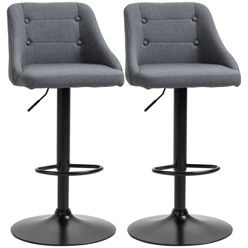 Modern Adjustable Bar Stools Set of 2 - Swivel Fabric Barstools with Footrest, Armrests & Back for Kitchen & Dining - Dark Grey