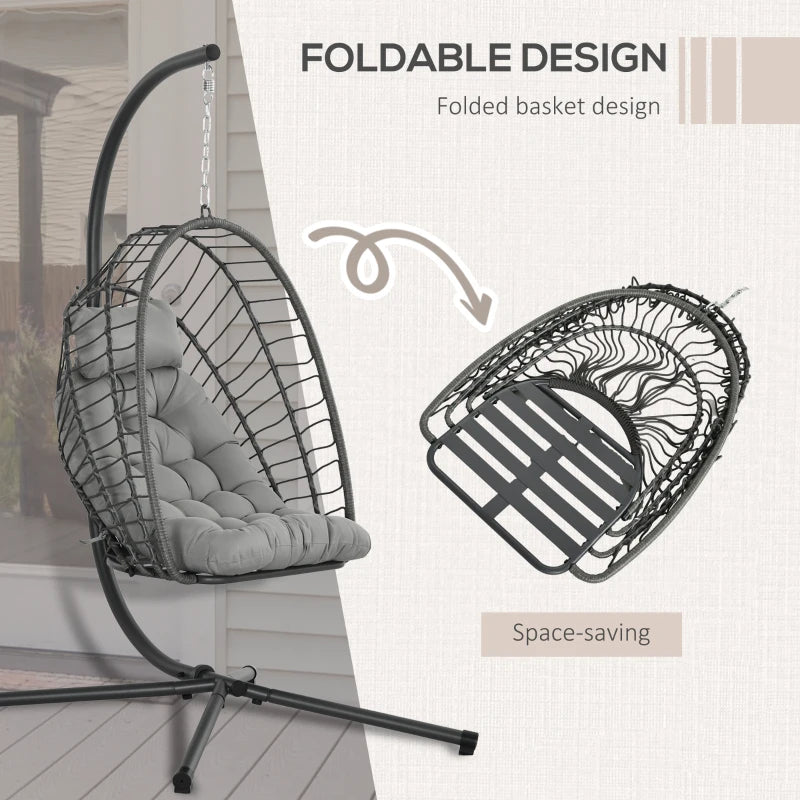 Light Grey Rattan Swing Chair with Cushion and Metal Stand