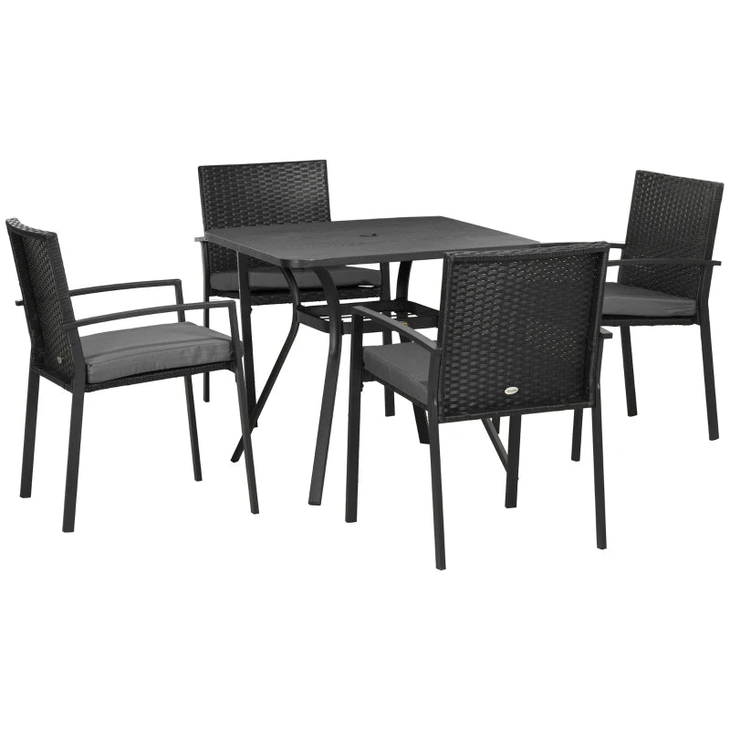 5-Piece Black Rattan Garden Dining Set with Cushioned Chairs