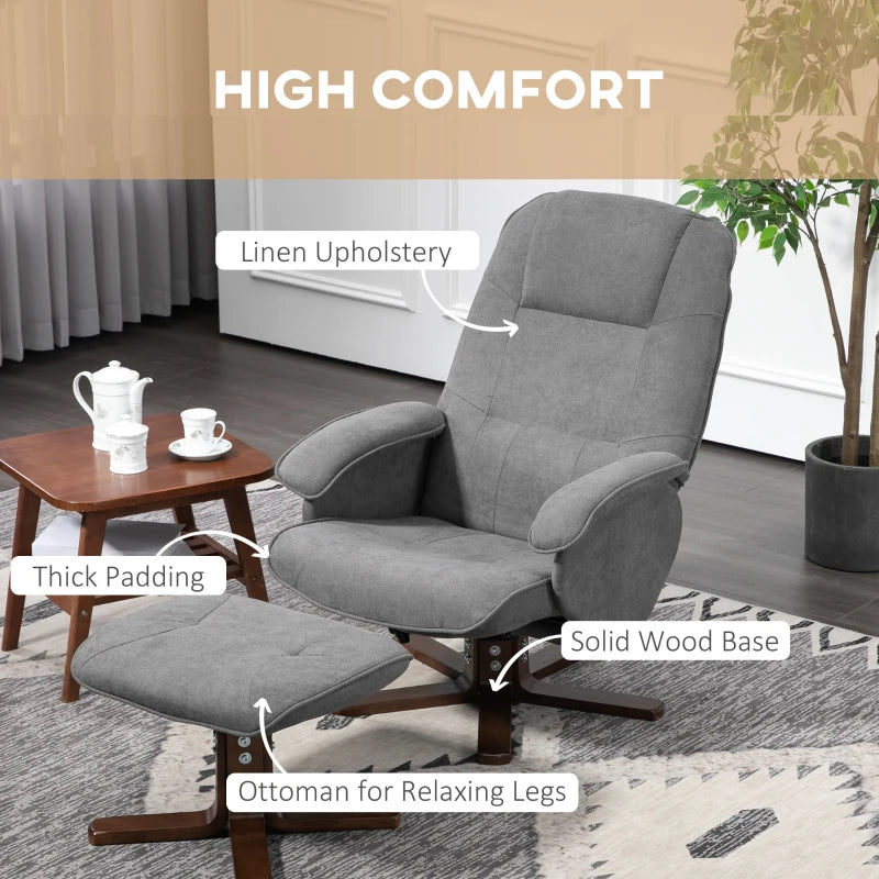 Linen Swivel Recliner Chair with Footstool - Upholstered Reclining Armchair with Wooden Base for Living Room, Grey