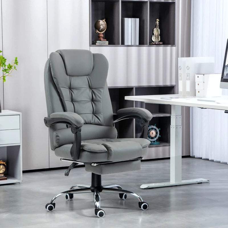 Executive Office Chair with Swivel Wheels, Reclining Backrest & Retractable Footrest - Stylish Grey Home Office Seating