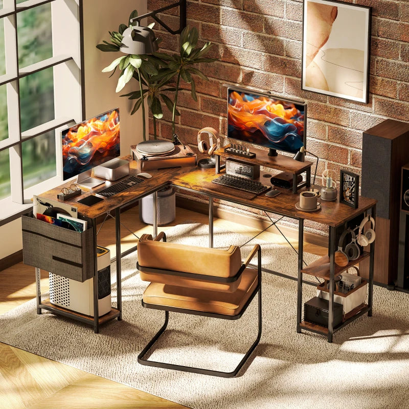 168cm Reversible L Shaped Desk - Industrial Corner Computer Table with Adjustable Shelf & Storage Bag, Rustic Brown, 2 Person PC Table