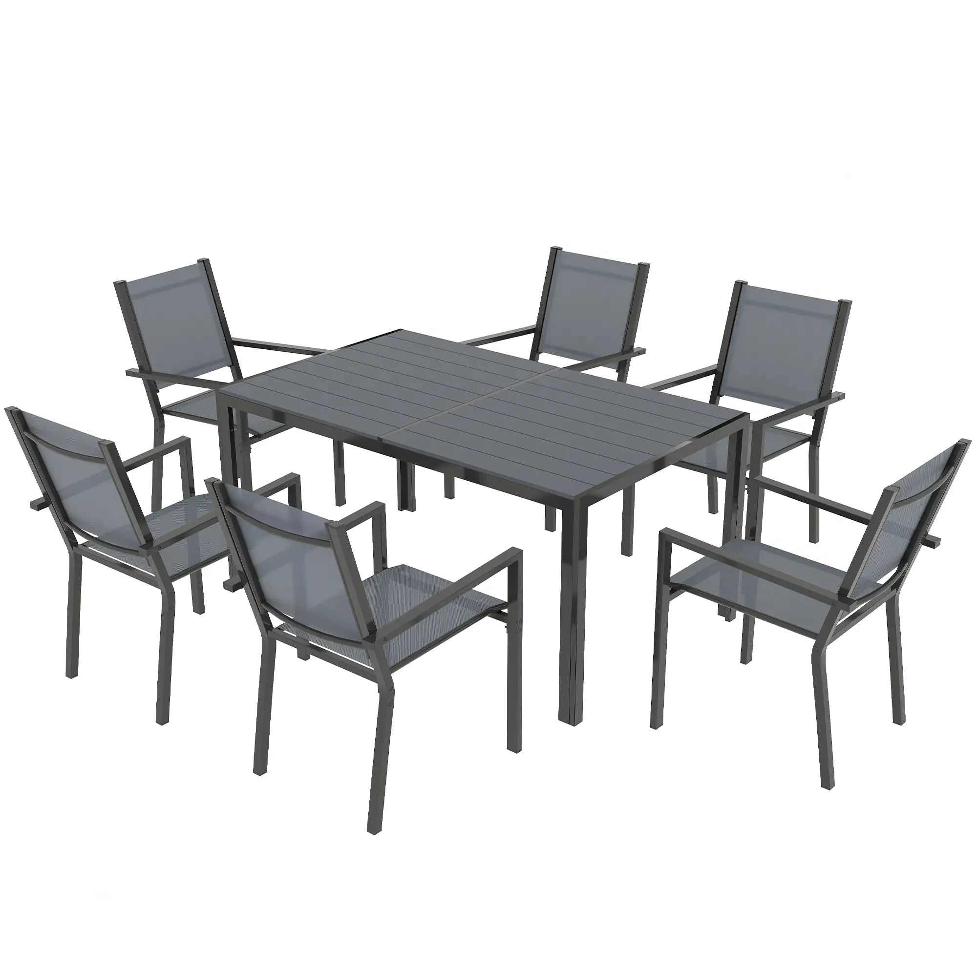 7 Piece Garden Dining Set With 6 Stackable Chairs and 150cm Rectangular Table + WPC Slatted Top