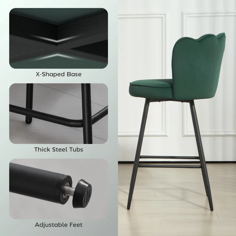 Set of 2 Dark Green Velvet Lotus Bar Stools - Stylish, Comfortable Seating for Kitchen or Home Bar