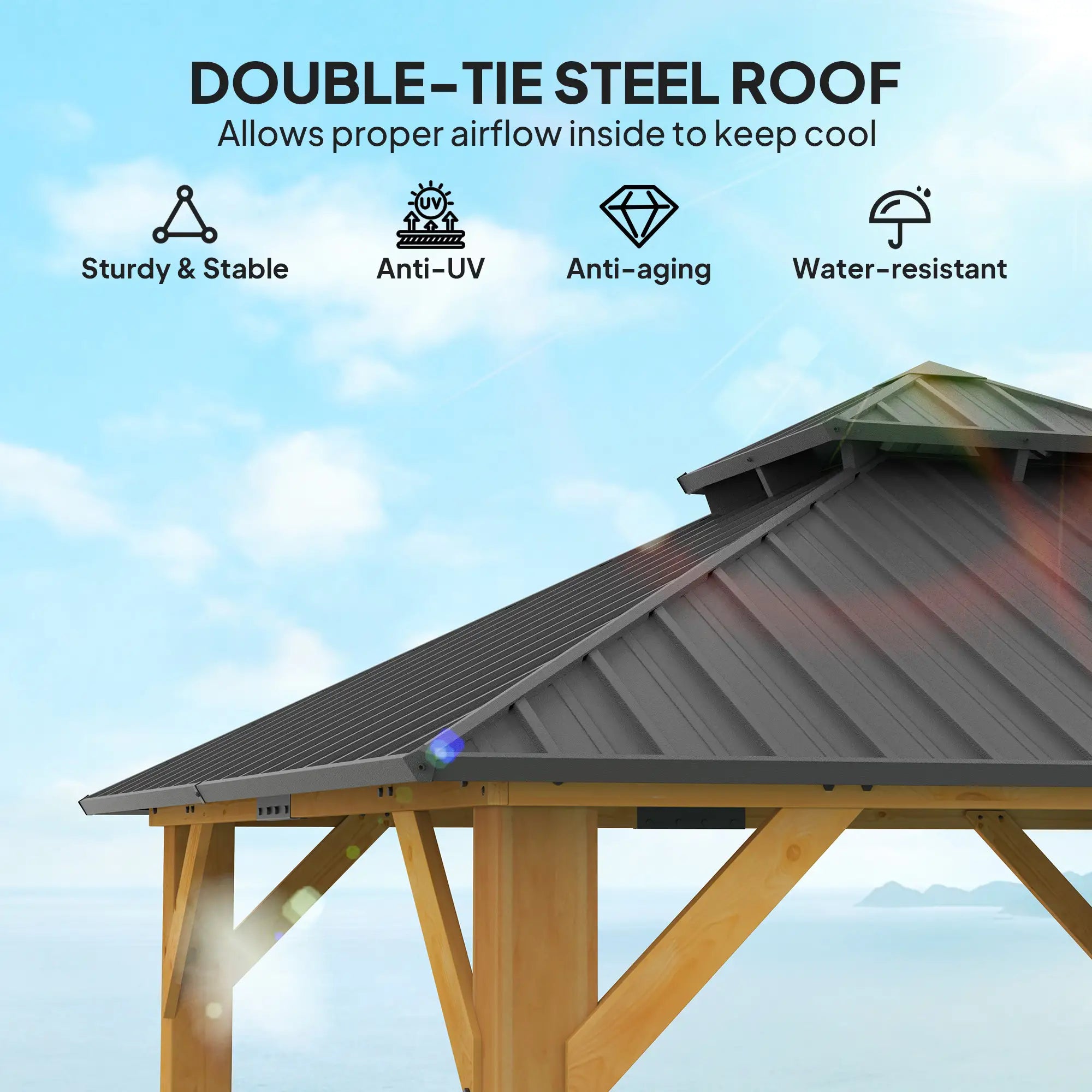 Grey 3m x 3m Hardtop Gazebo Canopy with 2-Tier Roof and Solid Wood Frame