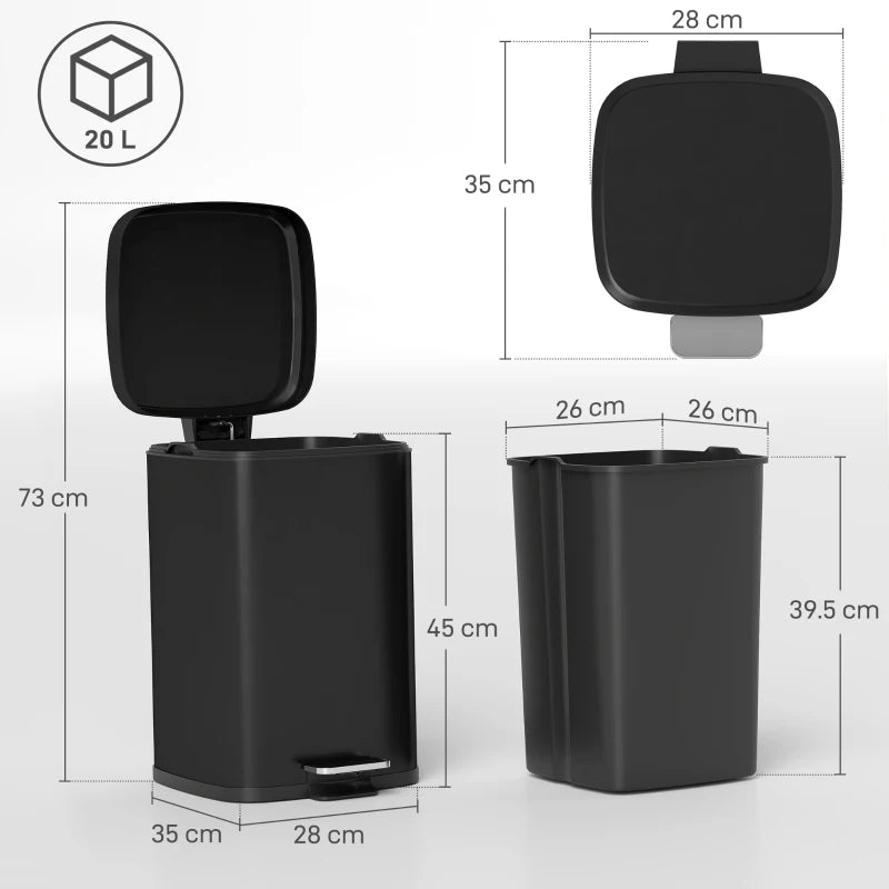 20L Modern Boxy Black Metal Kitchen Bin - Stylish Trash Can for Home Organization and Waste Management
