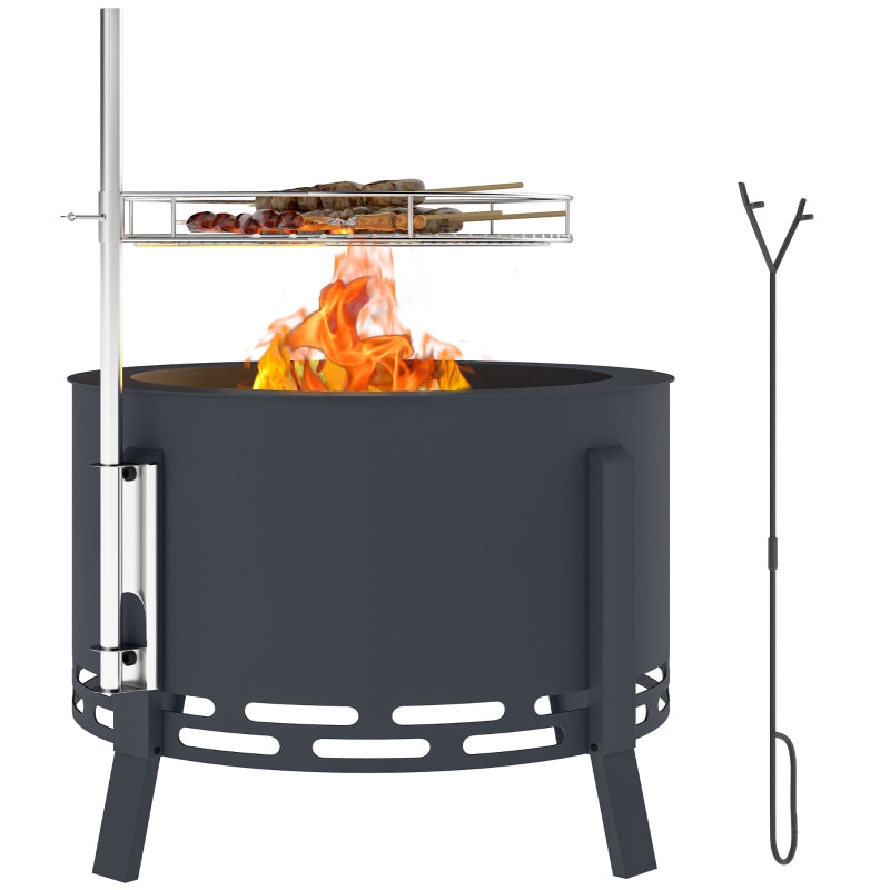Portable 58 cm Round Fire Pit with Grill Grate, Ash Catcher & Poker for Camping, BBQ