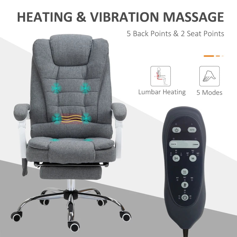 Vinsetto Heated Vibration Massage Executive Office Chair - Adjustable Ergonomic High Back Recliner with Footrest - Grey