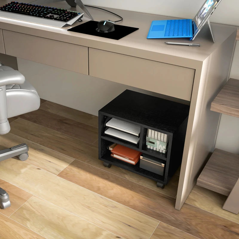 Black Three-Compartment Printer Cabinet on Wheels - Stylish & Functional Storage Solution for Home Office or Workspace