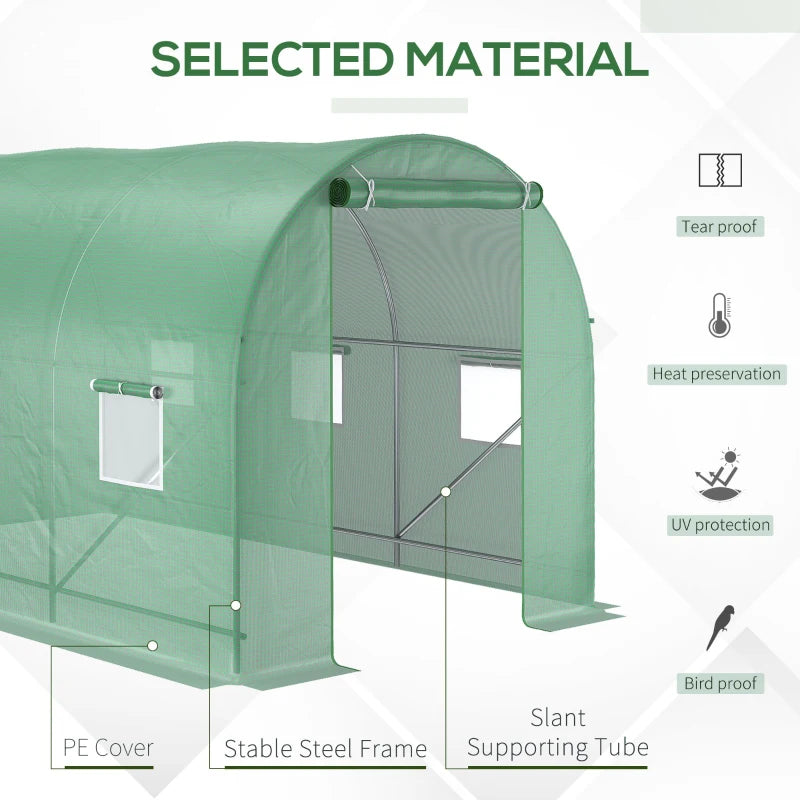 Green Walk-In Polytunnel Greenhouse, Steel Frame, PE Cover, Roll-Up Door, 6 Windows