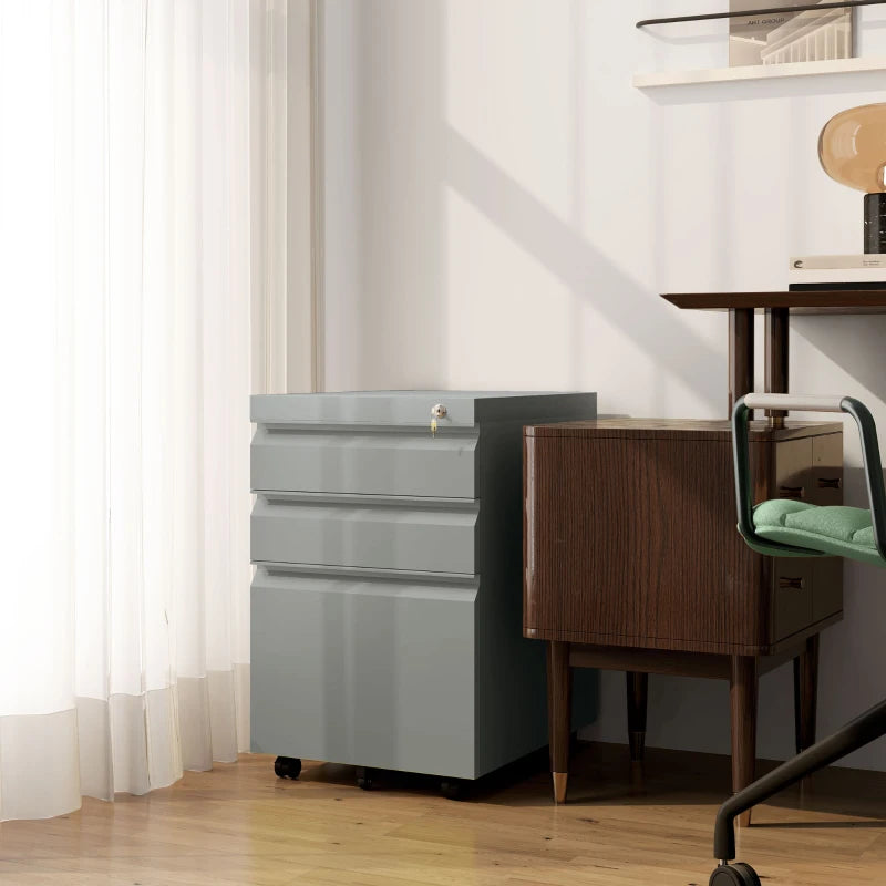 Vinsetto Mobile Metal File Cabinet - 3 Drawer Anti-Tilt Design for Letter, A4, Legal Size - Grey Office Storage