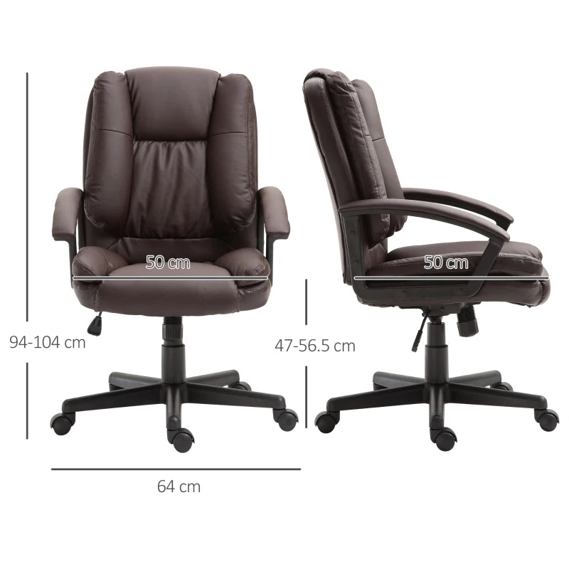 Brown PU Leather Mid Back Office Chair - Adjustable Height, Swivel Rolling Wheels - Ideal for Home Study & Computer Desk