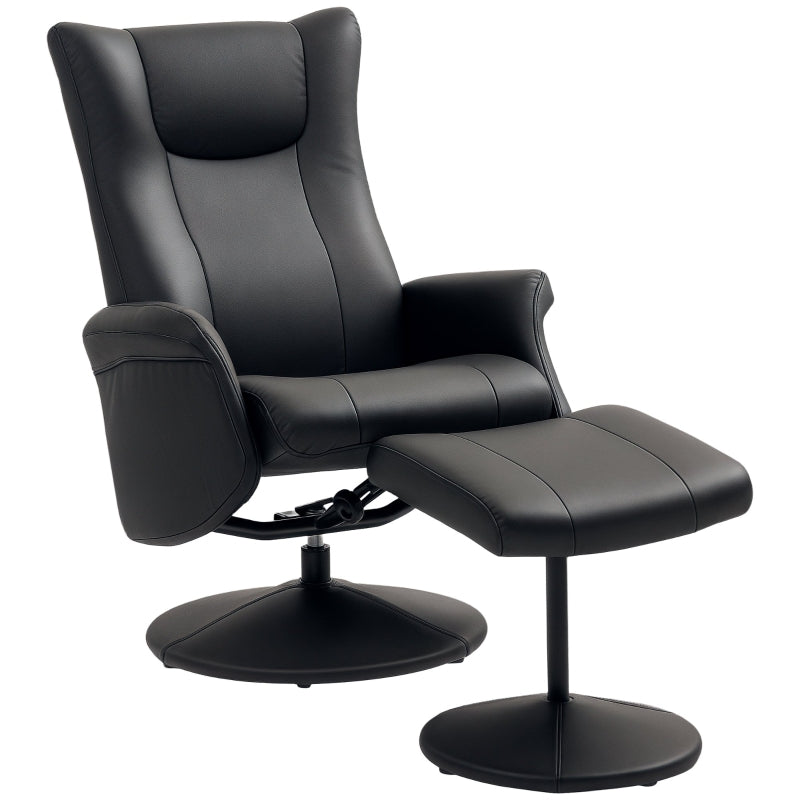 Stylish Swivel Recliner Chair with Footstool - Adjustable PU Leather Armchair for Living Room, Black