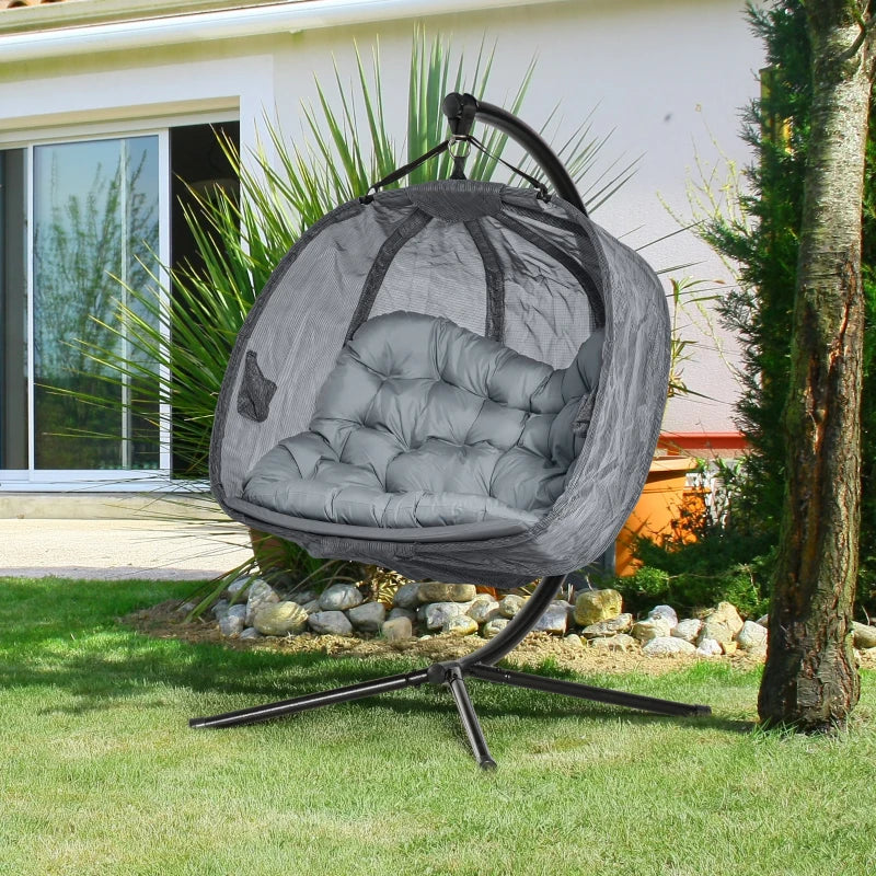 Grey Double Seater Hanging Egg Swing Chair with Stand and Cushion