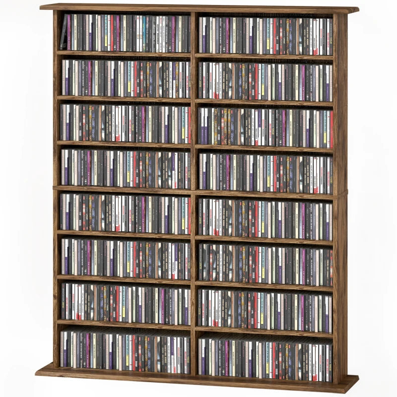 16-Compartment Rustic Brown Media Shelf - Stylish Storage Solution for DVDs, Games, and Books - Perfect for Home Decor