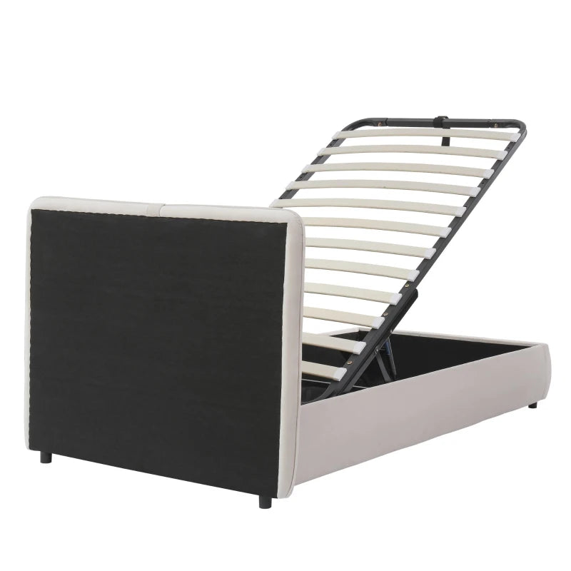 Upholstered Hydraulic Storage Bed with Removable Velvet Headboard - Beige, 210x110x90 cm, Stylish & Functional Bedroom Furniture