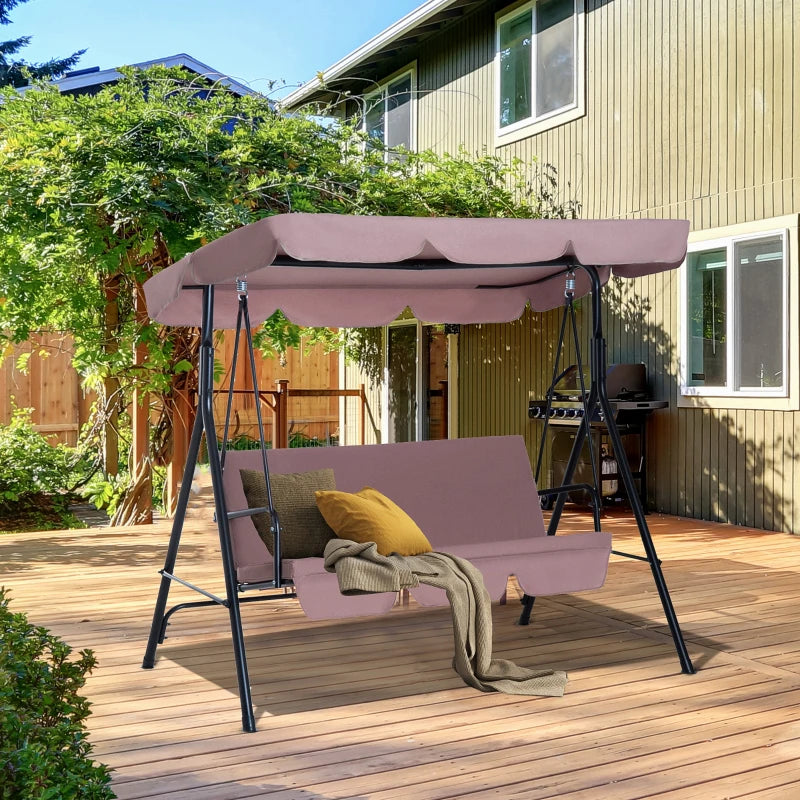 Brown 3-Seater Canopy Swing Chair with Top Roof - Heavy Duty Metal Garden Rocking Bench