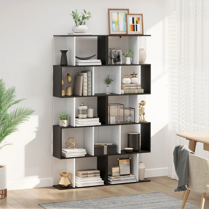 S-Shaped Wooden Bookcase - 5/6 Tier Freestanding Storage Shelf for Home Office - Black & White Decorative Display Rack