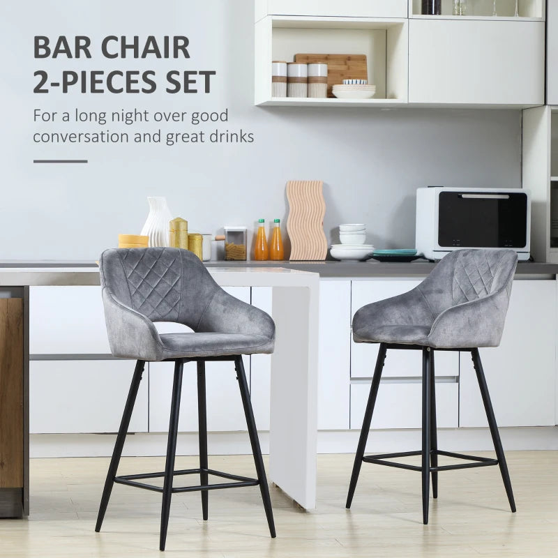 Set of 2 Velvet Bar Stools - Counter Height Kitchen Chairs with Steel Legs - Stylish Grey Dining Area Barstools
