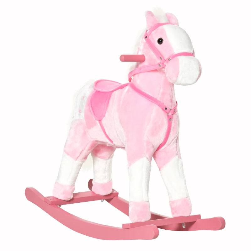 Pink Baby Rocking Horse Plush Ride-On Toy with Sound and Handle Grip for Kids Ages 3-6 - Perfect Gift!
