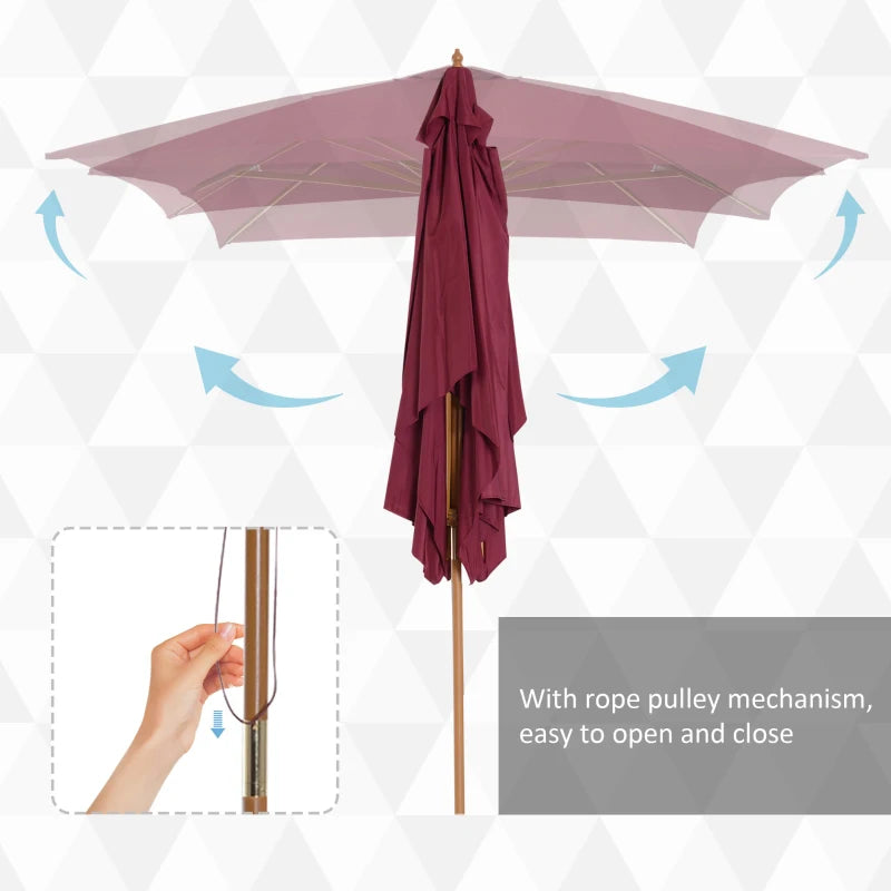 Wine Red 2x3m Wooden Garden Parasol Umbrella