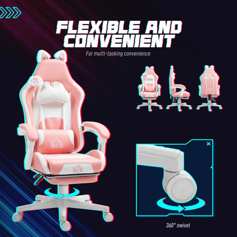 Cat Ear & Paw Reclining Office Chair with Footrest - Stylish Pink/White Design for Comfort & Fun